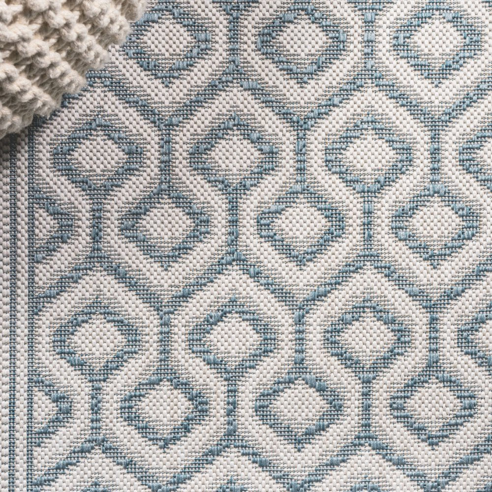 8' Teal Blue And Gray Moroccan Indoor Outdoor Runner Rug — view 5