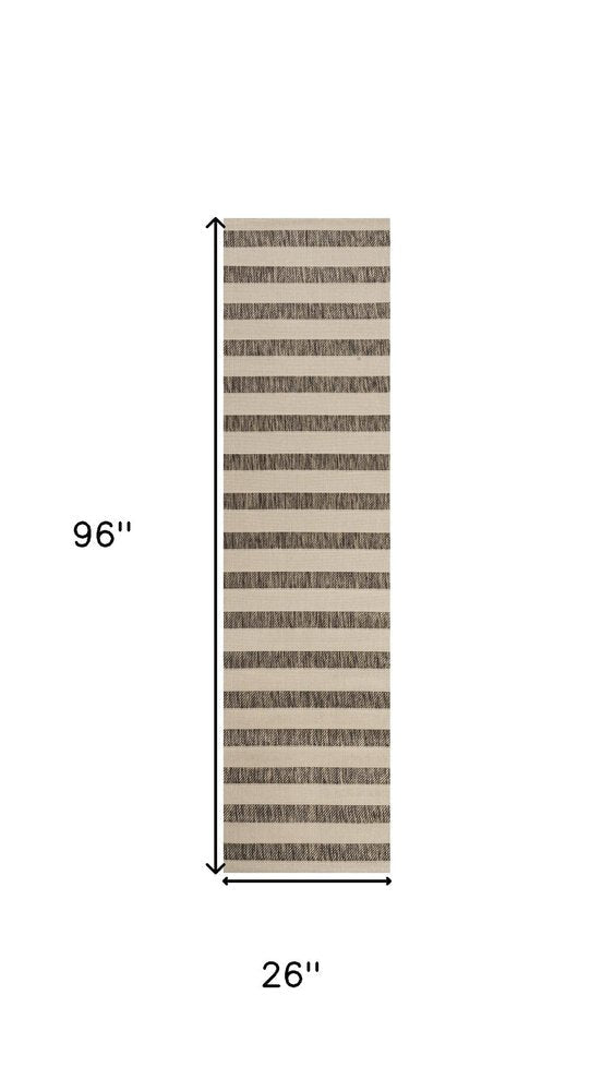 8' Beige And Brown Striped Indoor Outdoor Runner Rug HomeRoots