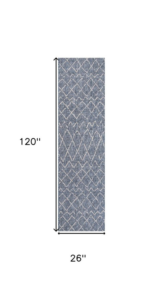 10' Navy Blue And Light Gray Moroccan Indoor Outdoor Runner Rug HomeRoots