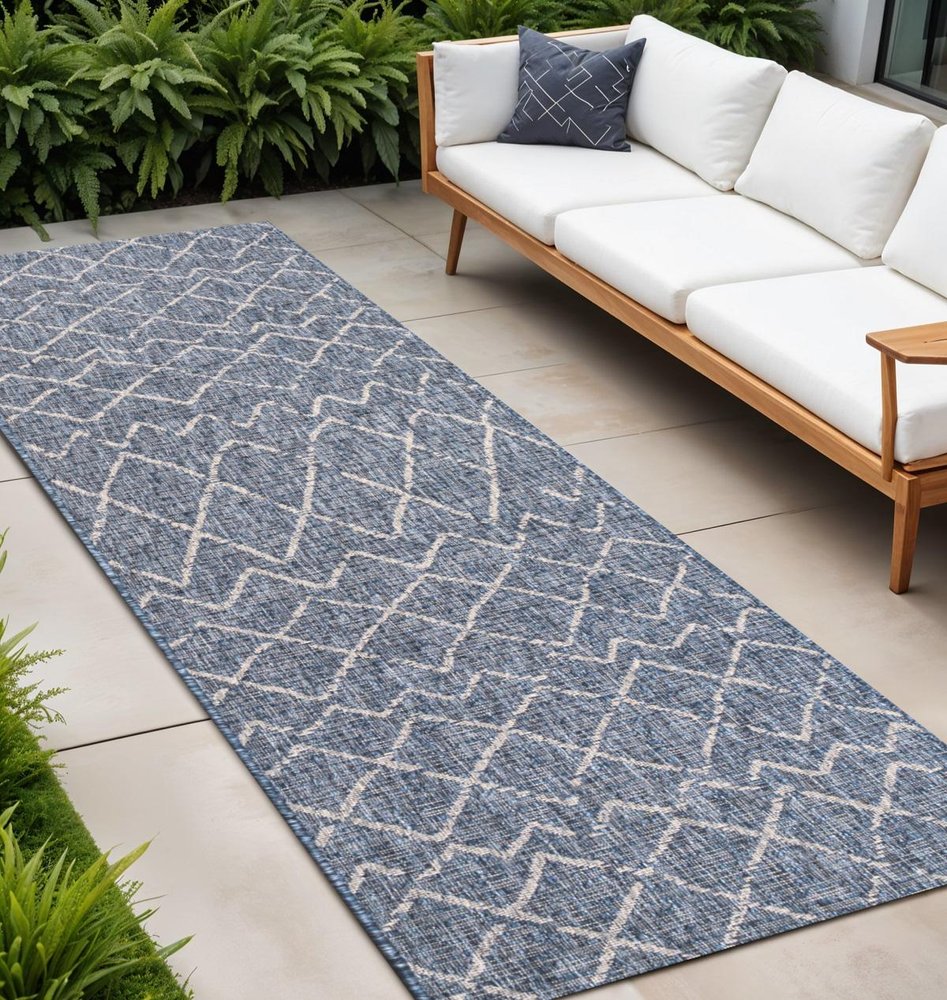 10' Navy Blue And Light Gray Moroccan Indoor Outdoor Runner Rug HomeRoots