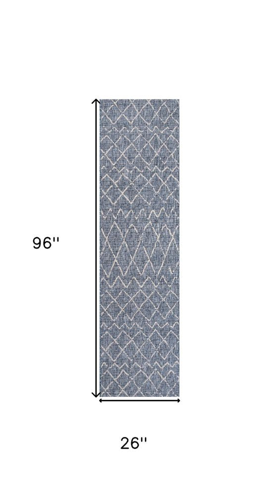 8' Navy Blue And Light Gray Moroccan Indoor Outdoor Runner Rug HomeRoots