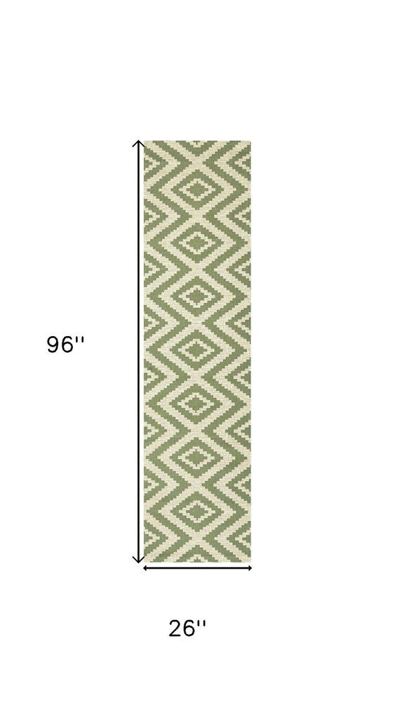 8' Green And Cream Moroccan Indoor Outdoor Runner Rug HomeRoots