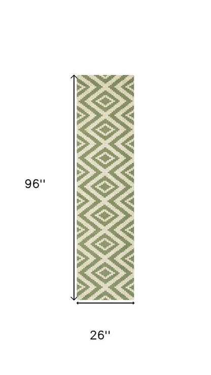 8' Green And Cream Moroccan Indoor Outdoor Runner Rug HomeRoots