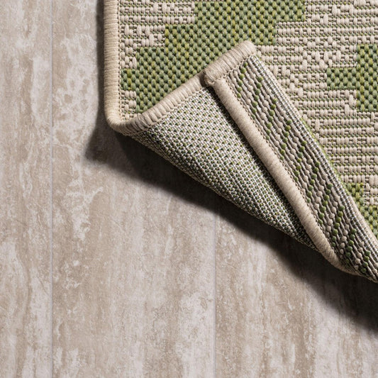 8' Green And Cream Moroccan Indoor Outdoor Runner Rug