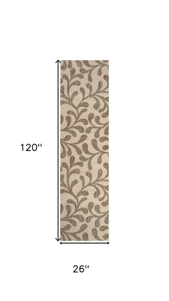 10' Brown And Beige Floral Indoor Outdoor Runner Rug HomeRoots