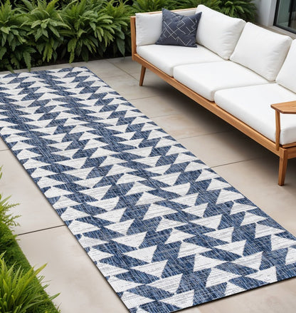 10' Ivory And Blue Geometric Indoor Outdoor Runner Rug HomeRoots