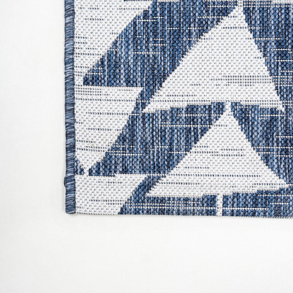 10' Ivory And Blue Geometric Indoor Outdoor Runner Rug — view 2