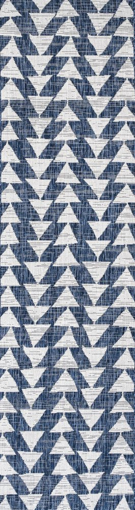 8' Ivory And Blue Geometric Indoor Outdoor Runner Rug