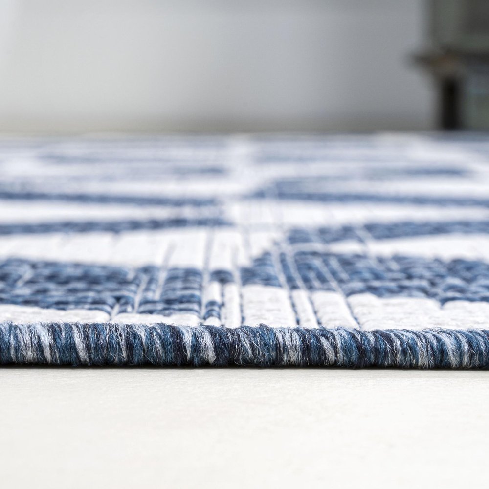 8' Ivory And Blue Geometric Indoor Outdoor Runner Rug — view 3