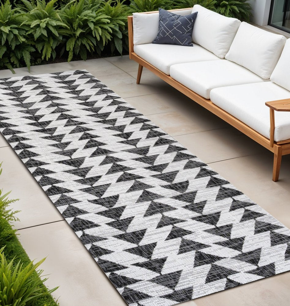 10' Ivory And Black Geometric Indoor Outdoor Runner Rug HomeRoots