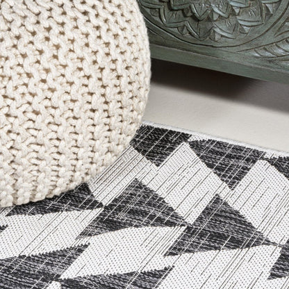 8' Ivory And Black Geometric Indoor Outdoor Runner Rug HomeRoots