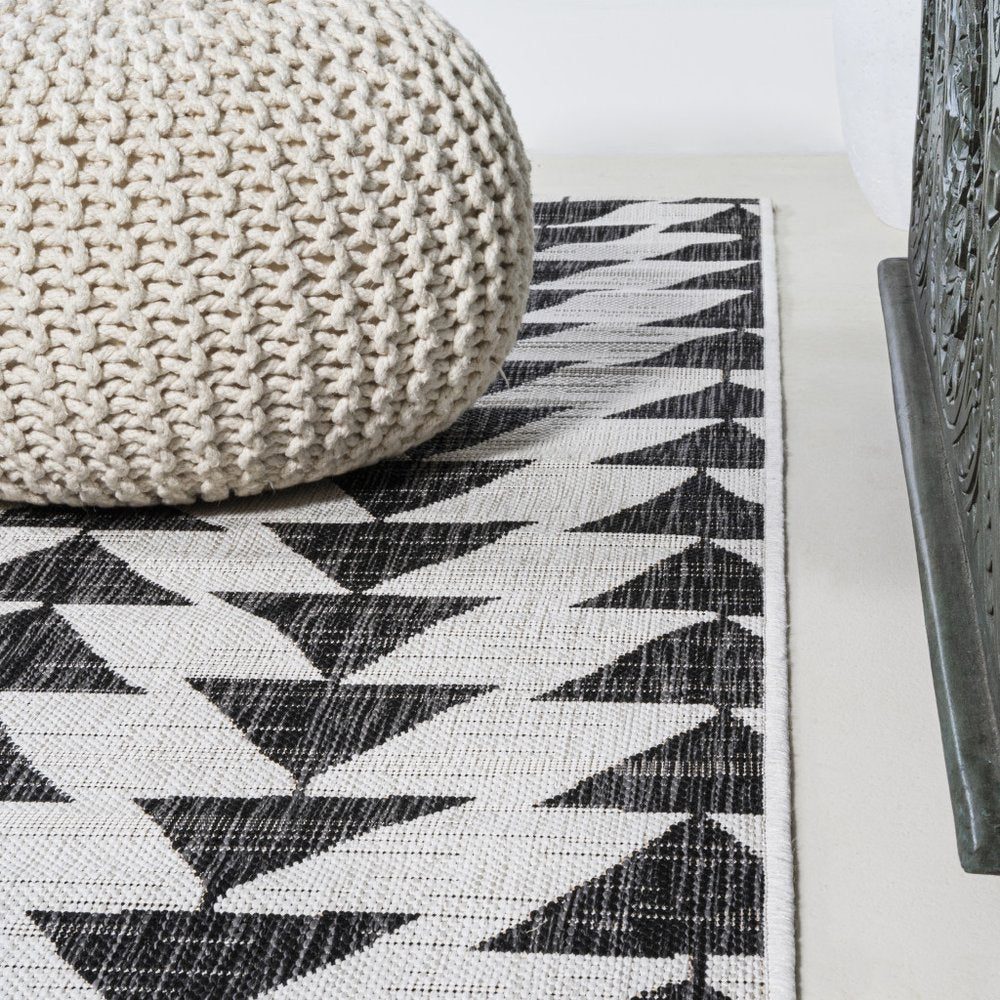 8' Ivory And Black Geometric Indoor Outdoor Runner Rug HomeRoots