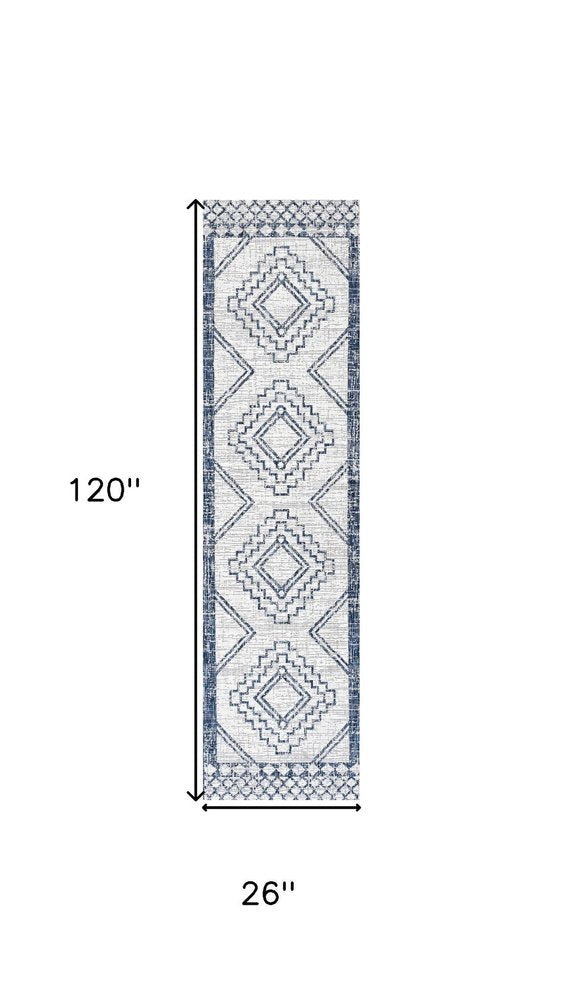 10' Ivory And Blue Moroccan Indoor Outdoor Runner Rug HomeRoots