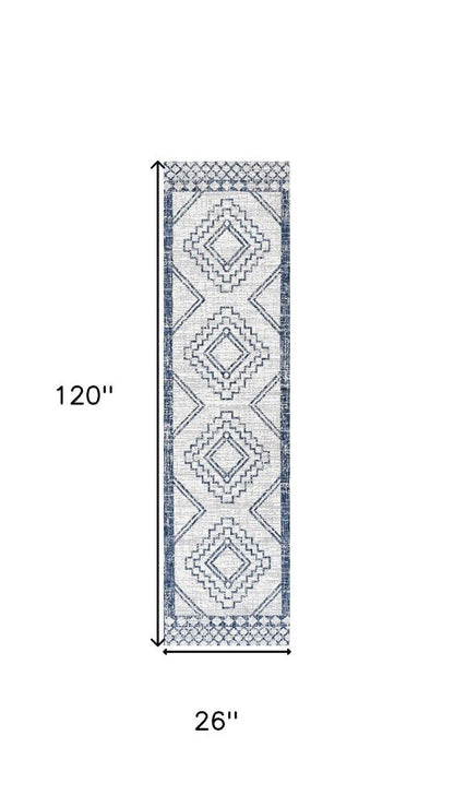 10' Ivory And Blue Moroccan Indoor Outdoor Runner Rug HomeRoots