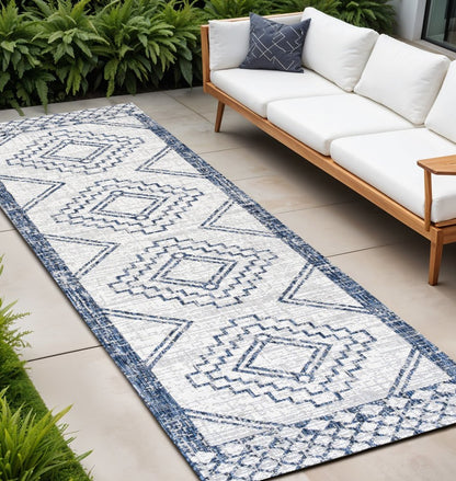10' Ivory And Blue Moroccan Indoor Outdoor Runner Rug HomeRoots