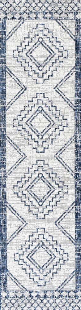 10' Ivory And Blue Moroccan Indoor Outdoor Runner Rug — view 1