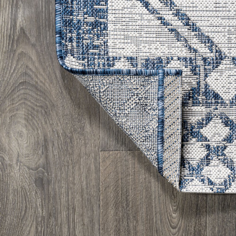 10' Ivory And Blue Moroccan Indoor Outdoor Runner Rug — view 2