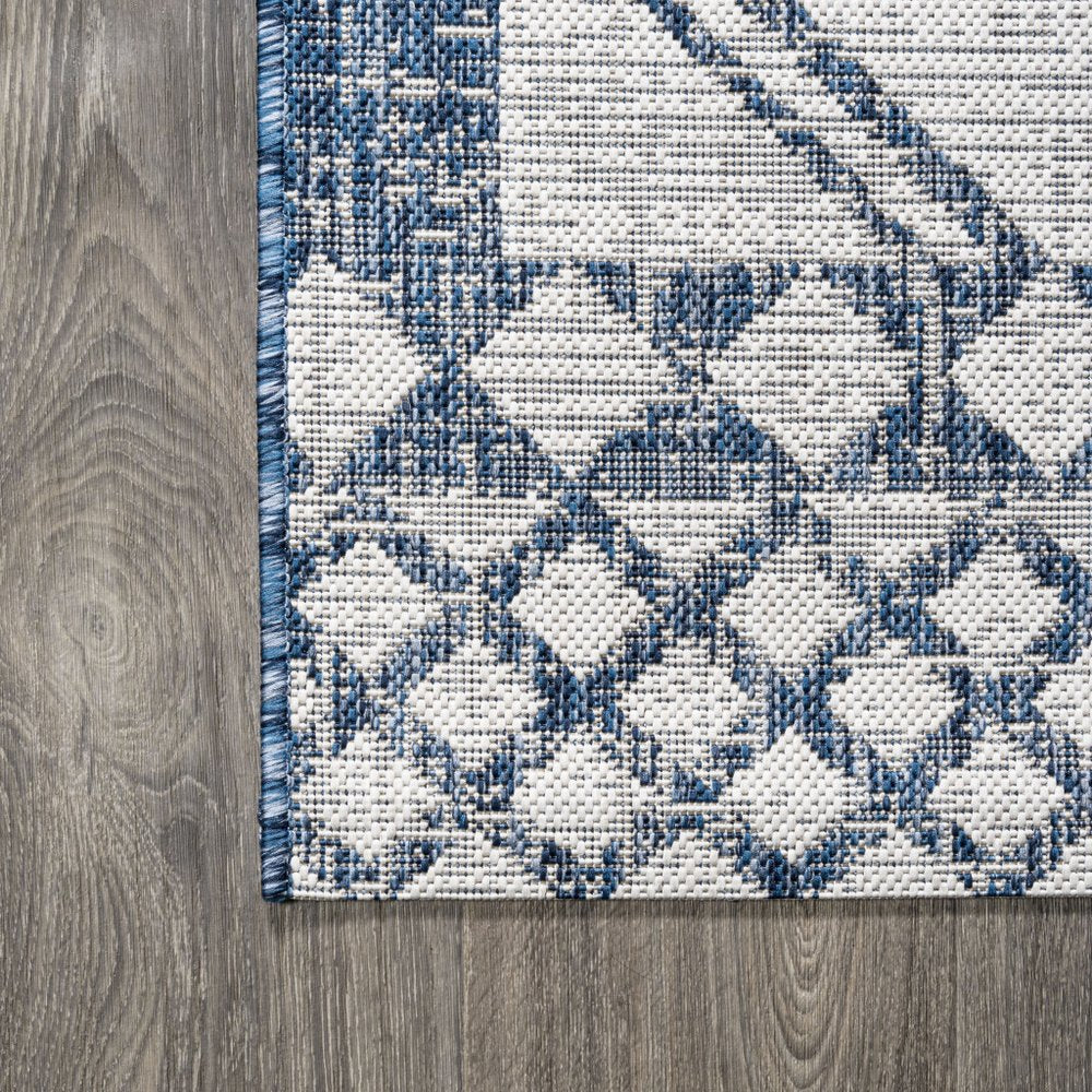 10' Ivory And Blue Moroccan Indoor Outdoor Runner Rug — view 3