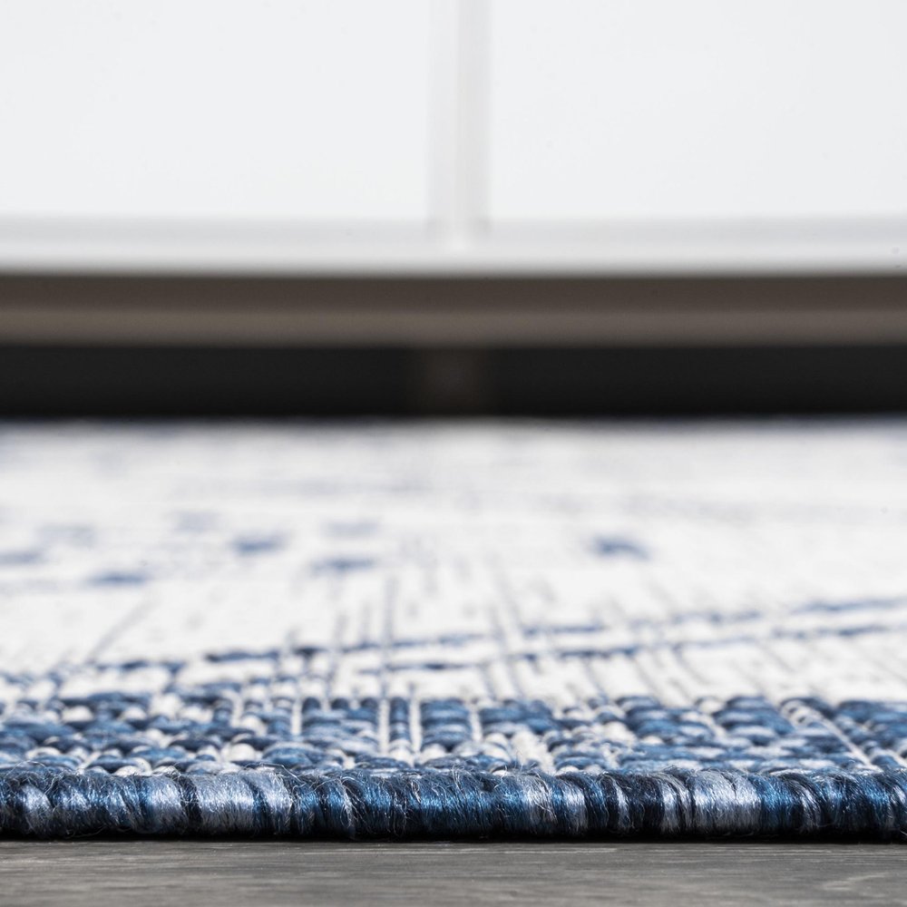 10' Ivory And Blue Moroccan Indoor Outdoor Runner Rug — view 4