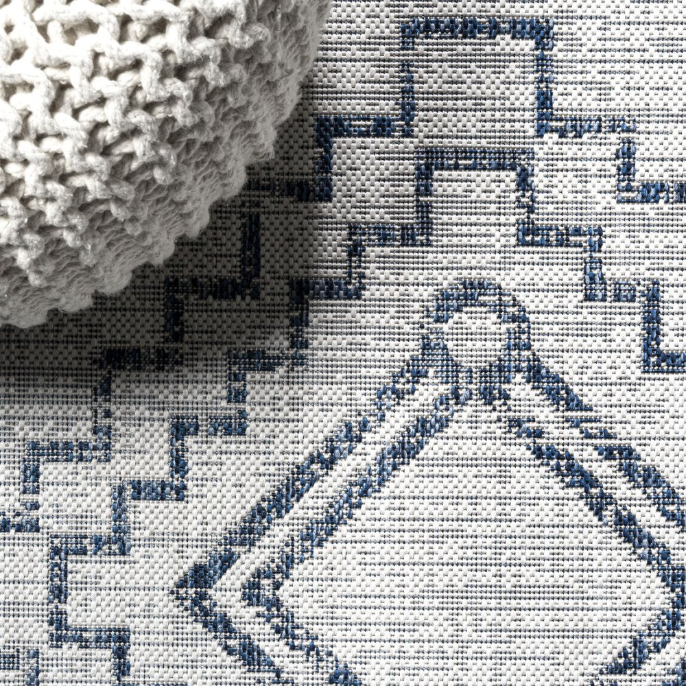 10' Ivory And Blue Moroccan Indoor Outdoor Runner Rug — view 5