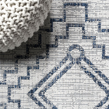 10' Ivory And Blue Moroccan Indoor Outdoor Runner Rug HomeRoots