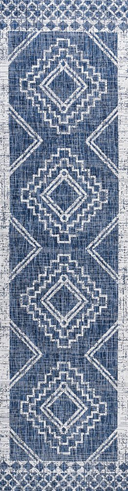 10' Blue And Ivory Moroccan Indoor Outdoor Runner Rug