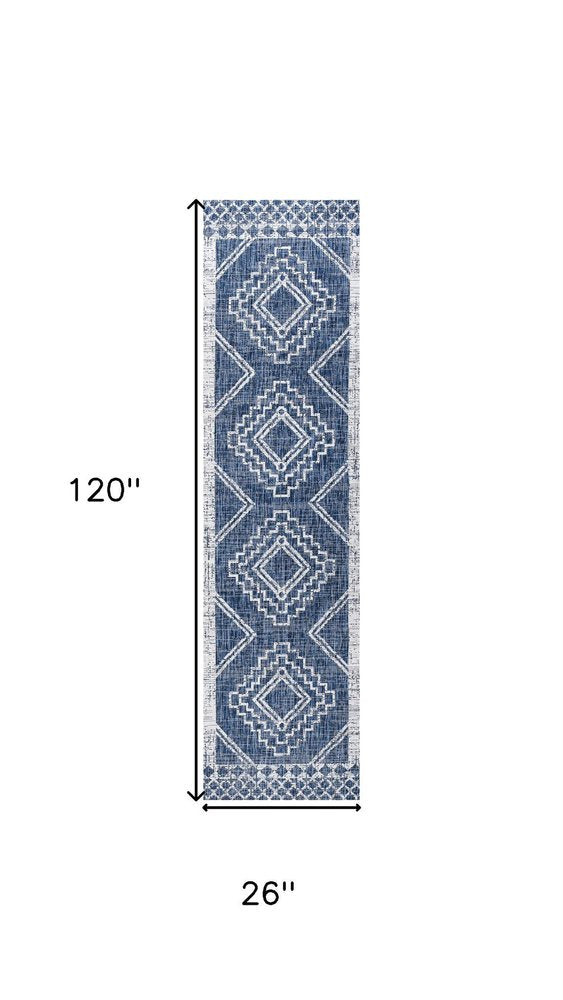 10' Blue And Ivory Moroccan Indoor Outdoor Runner Rug — view 7