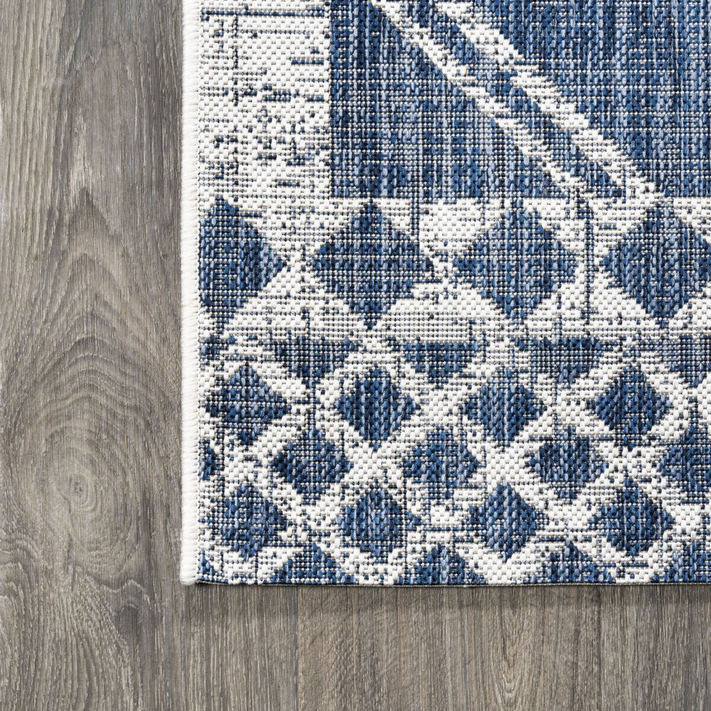 10' Blue And Ivory Moroccan Indoor Outdoor Runner Rug HomeRoots