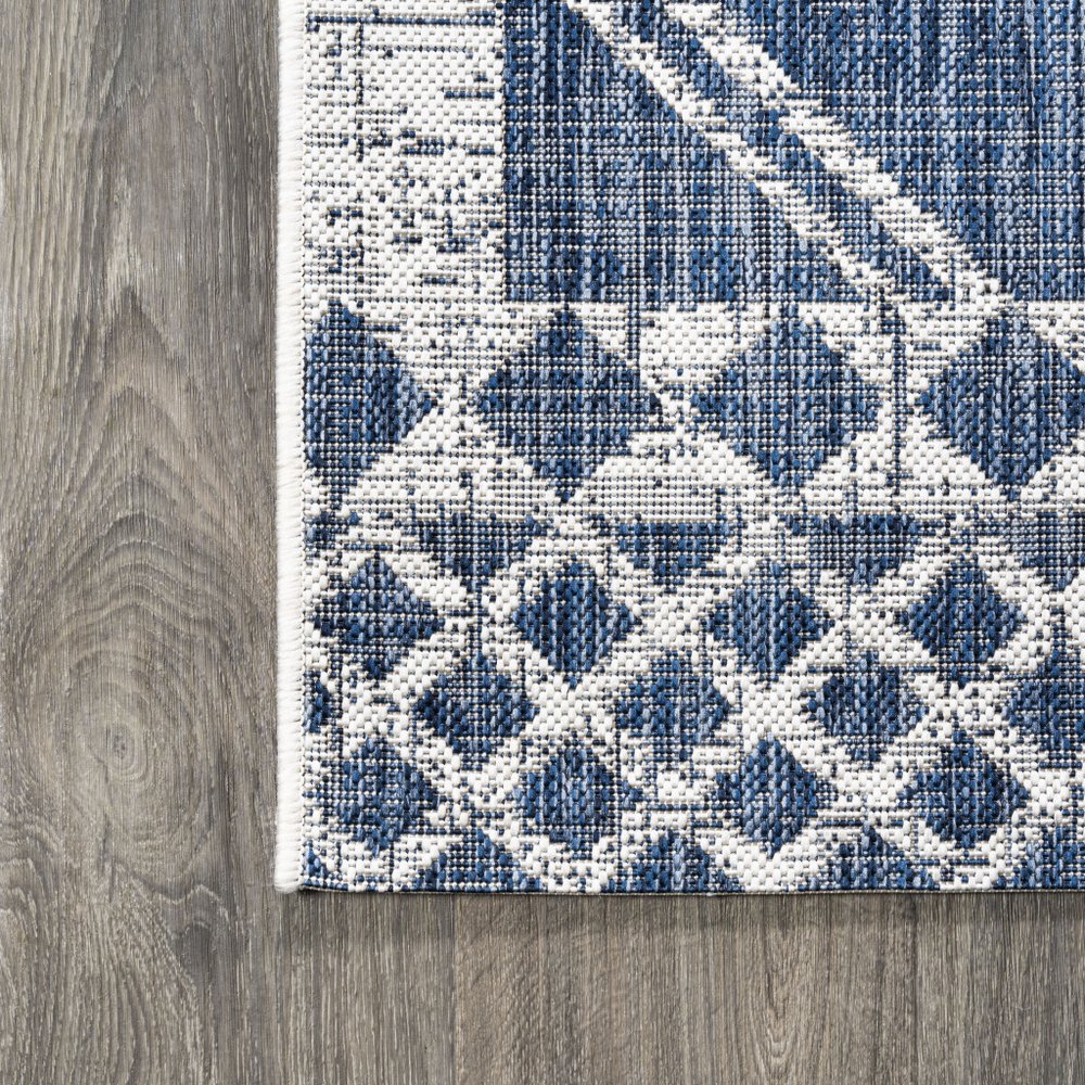 10' Blue And Ivory Moroccan Indoor Outdoor Runner Rug