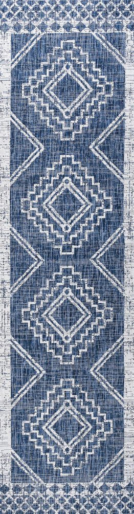 8' Blue And Ivory Moroccan Indoor Outdoor Runner Rug HomeRoots