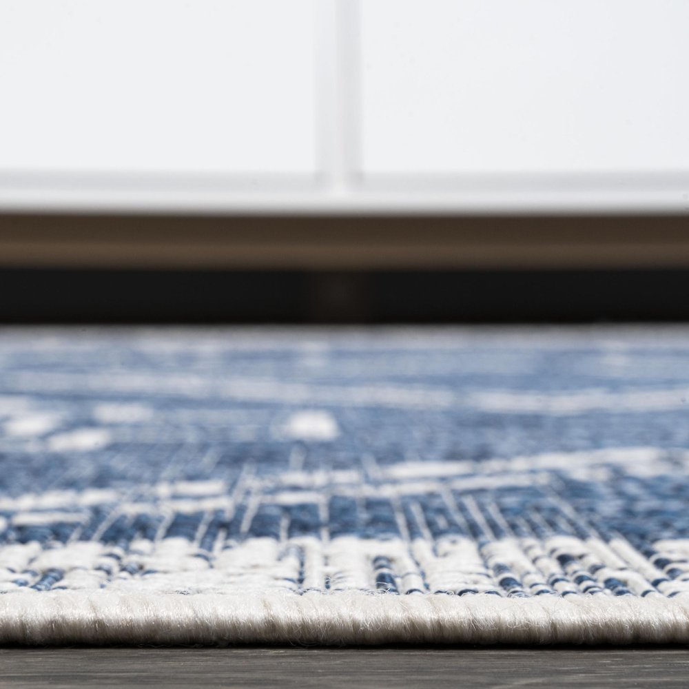 8' Blue And Ivory Moroccan Indoor Outdoor Runner Rug — view 4