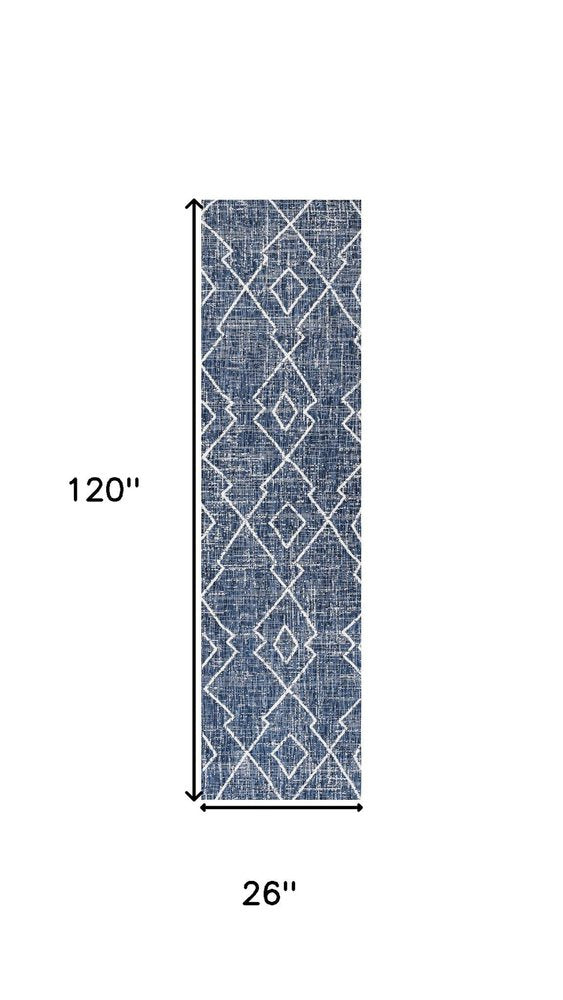 10' Blue And Ivory Trellis Indoor Outdoor Runner Rug — view 6