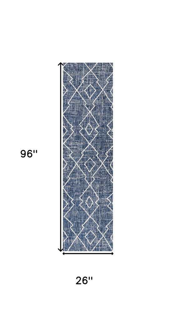 8' Blue And Ivory Trellis Indoor Outdoor Runner Rug HomeRoots