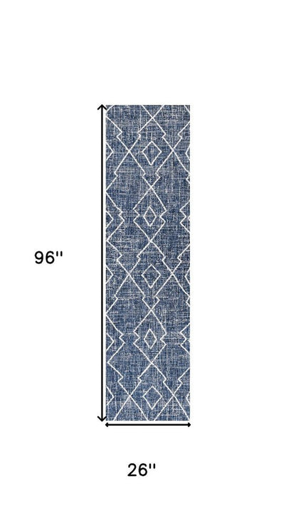8' Blue And Ivory Trellis Indoor Outdoor Runner Rug HomeRoots