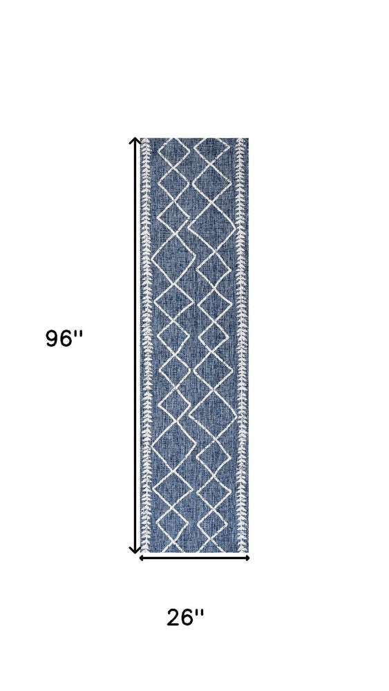 8' Blue And Ivory Trellis Indoor Outdoor Runner Rug — view 6