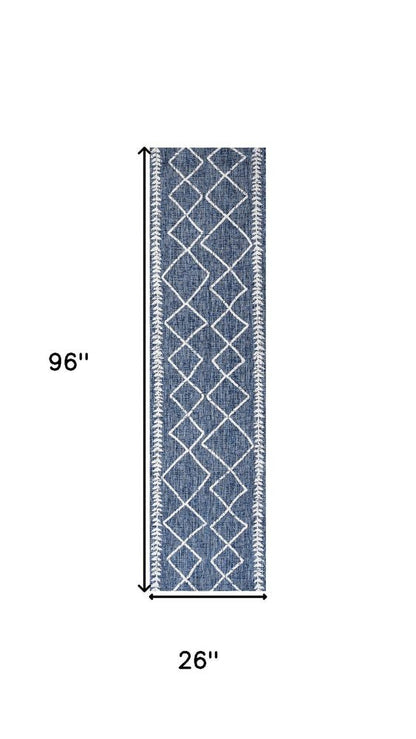 8' Blue And Ivory Trellis Indoor Outdoor Runner Rug HomeRoots