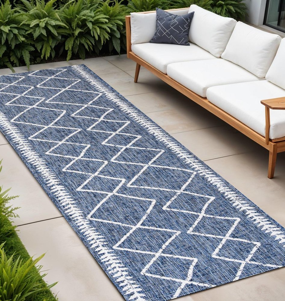 8' Blue And Ivory Trellis Indoor Outdoor Runner Rug HomeRoots