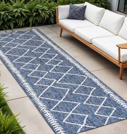 8' Blue And Ivory Trellis Indoor Outdoor Runner Rug HomeRoots