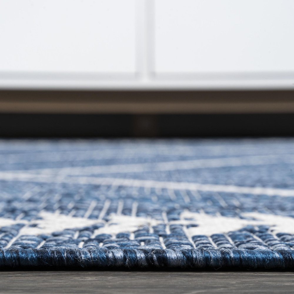 8' Blue And Ivory Trellis Indoor Outdoor Runner Rug — view 4