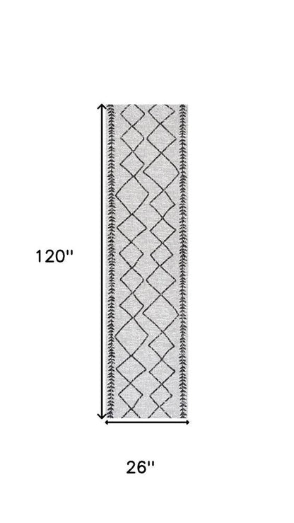 10' Ivory And Black Trellis Indoor Outdoor Runner Rug