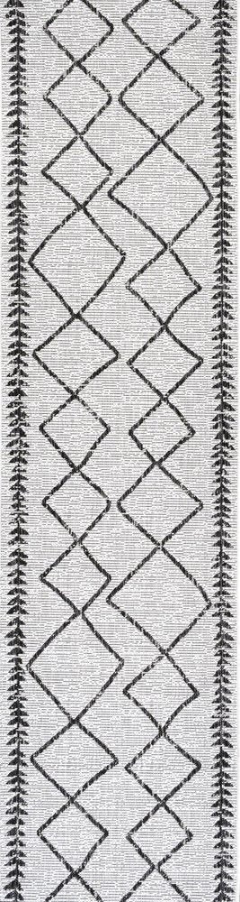 8' Ivory And Black Trellis Indoor Outdoor Runner Rug