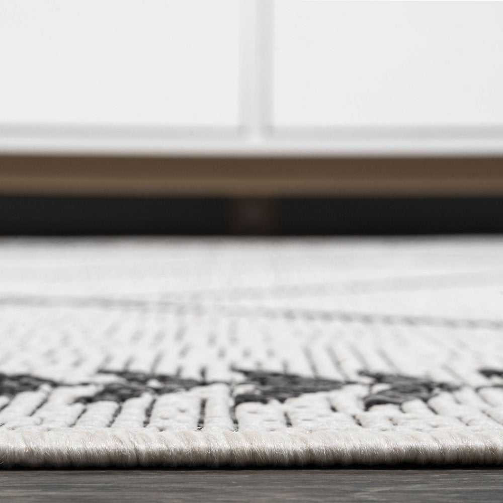 8' Ivory And Black Trellis Indoor Outdoor Runner Rug — view 4