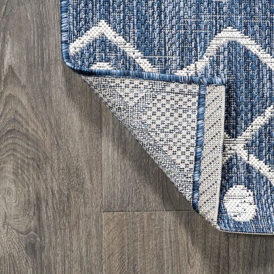 10' Blue And Ivory Trellis Indoor Outdoor Runner Rug
