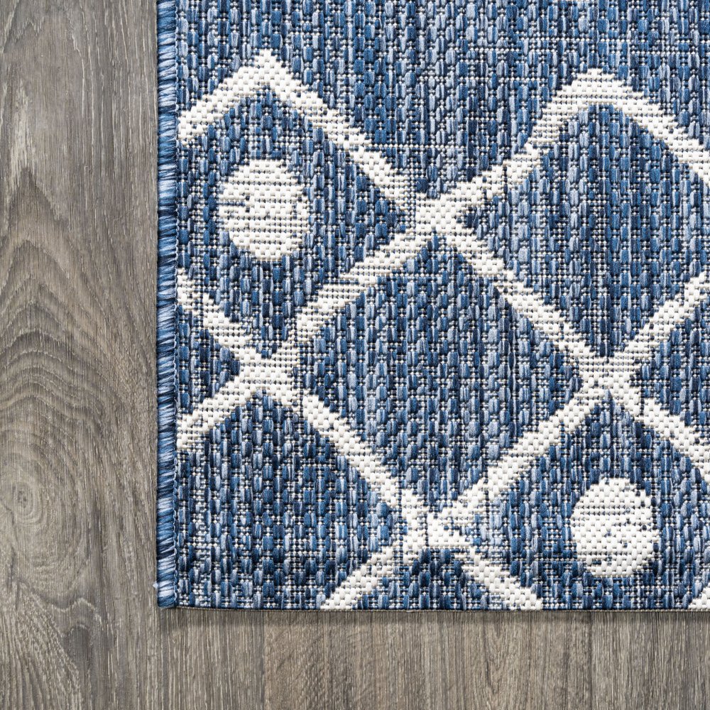 10' Blue And Ivory Trellis Indoor Outdoor Runner Rug — view 3