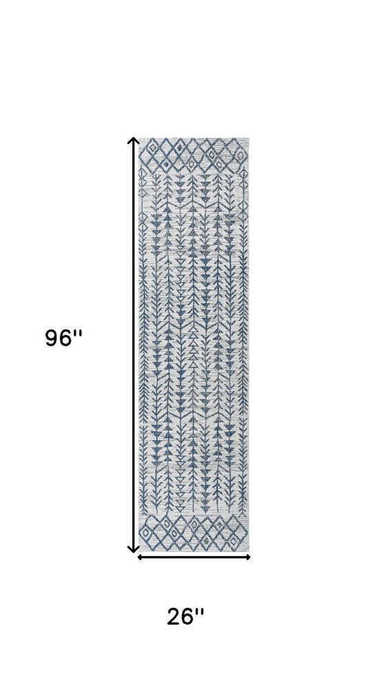 8' Ivory And Blue Trellis Indoor Outdoor Runner Rug HomeRoots