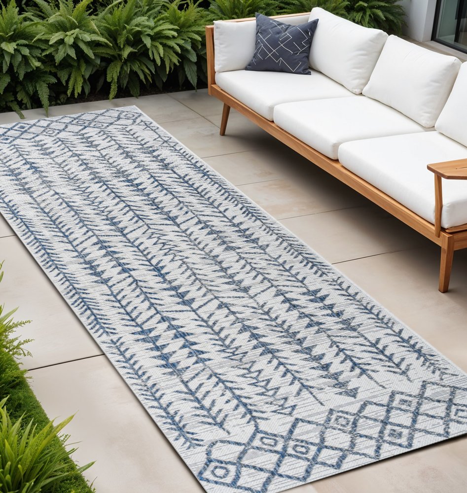 8' Ivory And Blue Trellis Indoor Outdoor Runner Rug — view 7