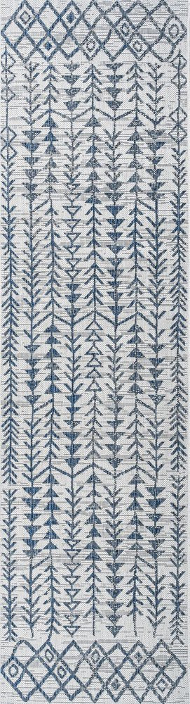 8' Ivory And Blue Trellis Indoor Outdoor Runner Rug — view 1