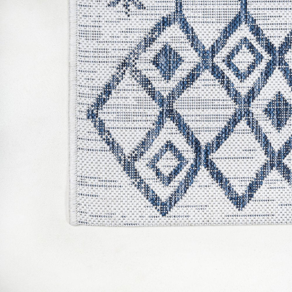 8' Ivory And Blue Trellis Indoor Outdoor Runner Rug — view 3