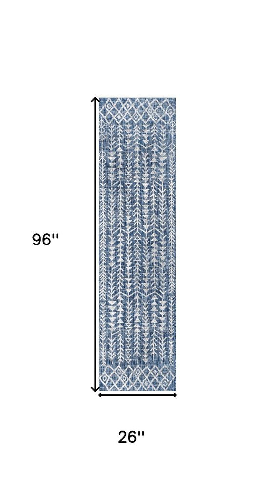 8' Blue And Ivory Trellis Indoor Outdoor Runner Rug — view 5