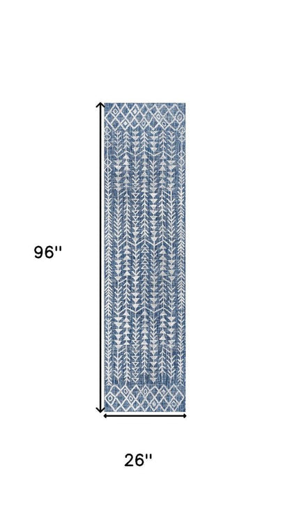 8' Blue And Ivory Trellis Indoor Outdoor Runner Rug